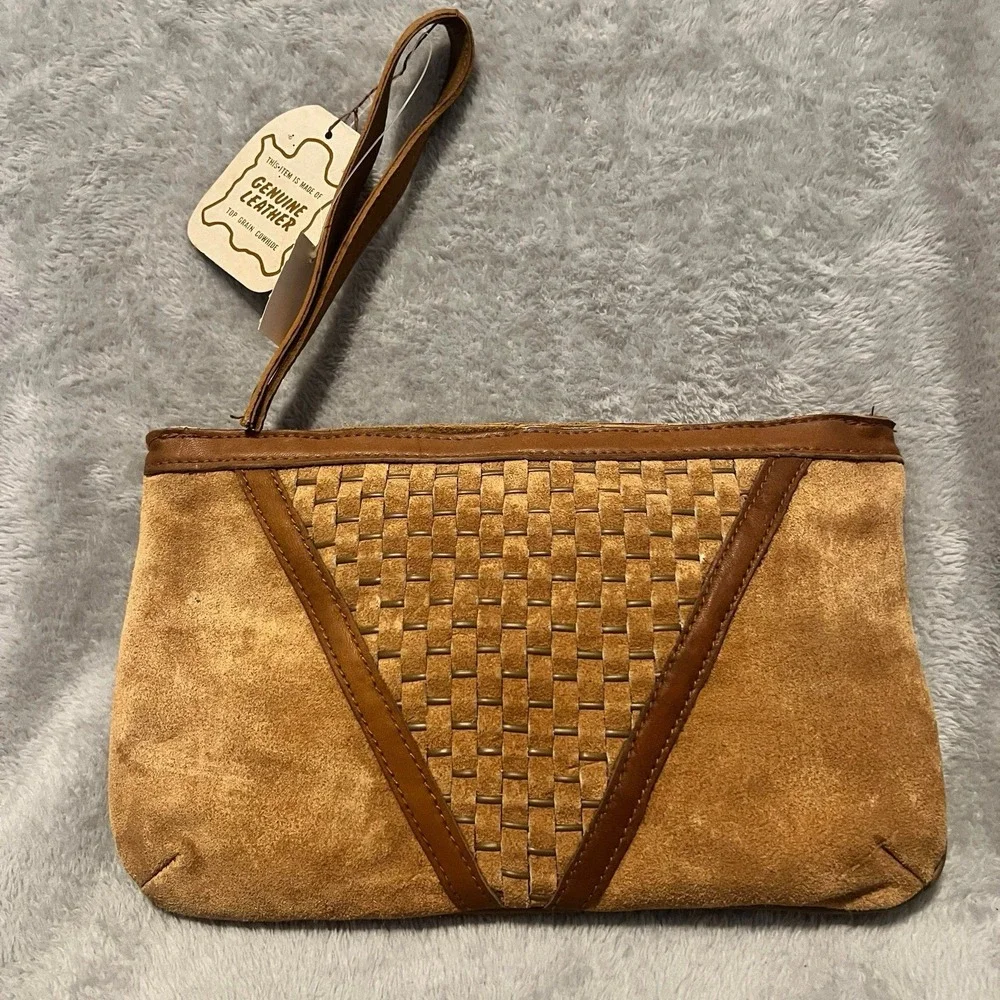 Genuine Leather Wristlet Satchel Bag Clutch Brown NWT Imported Women Accessories